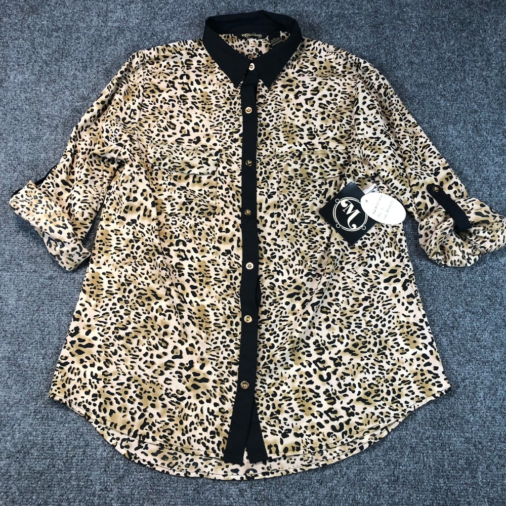 Millenium Women's Leopard Print Button Up Shirt Black Collar Rolled Sleeve M